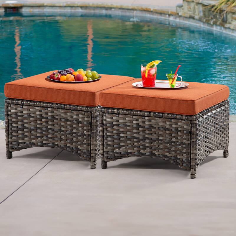Cozywor 2-Piece Wicker Outdoor Patio Ottoman Set with Cushions - Orange