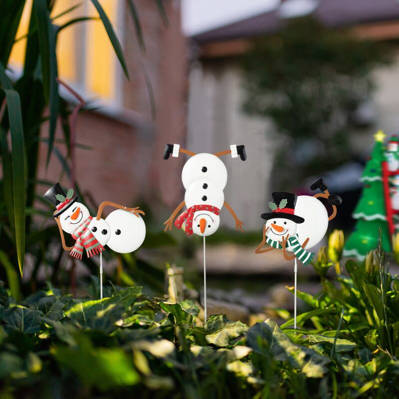 Glitzhome Set of 3 Christmas Metal Santa Snowman Tree Reindeer Candy Cane Yard Stakes Wall Decor