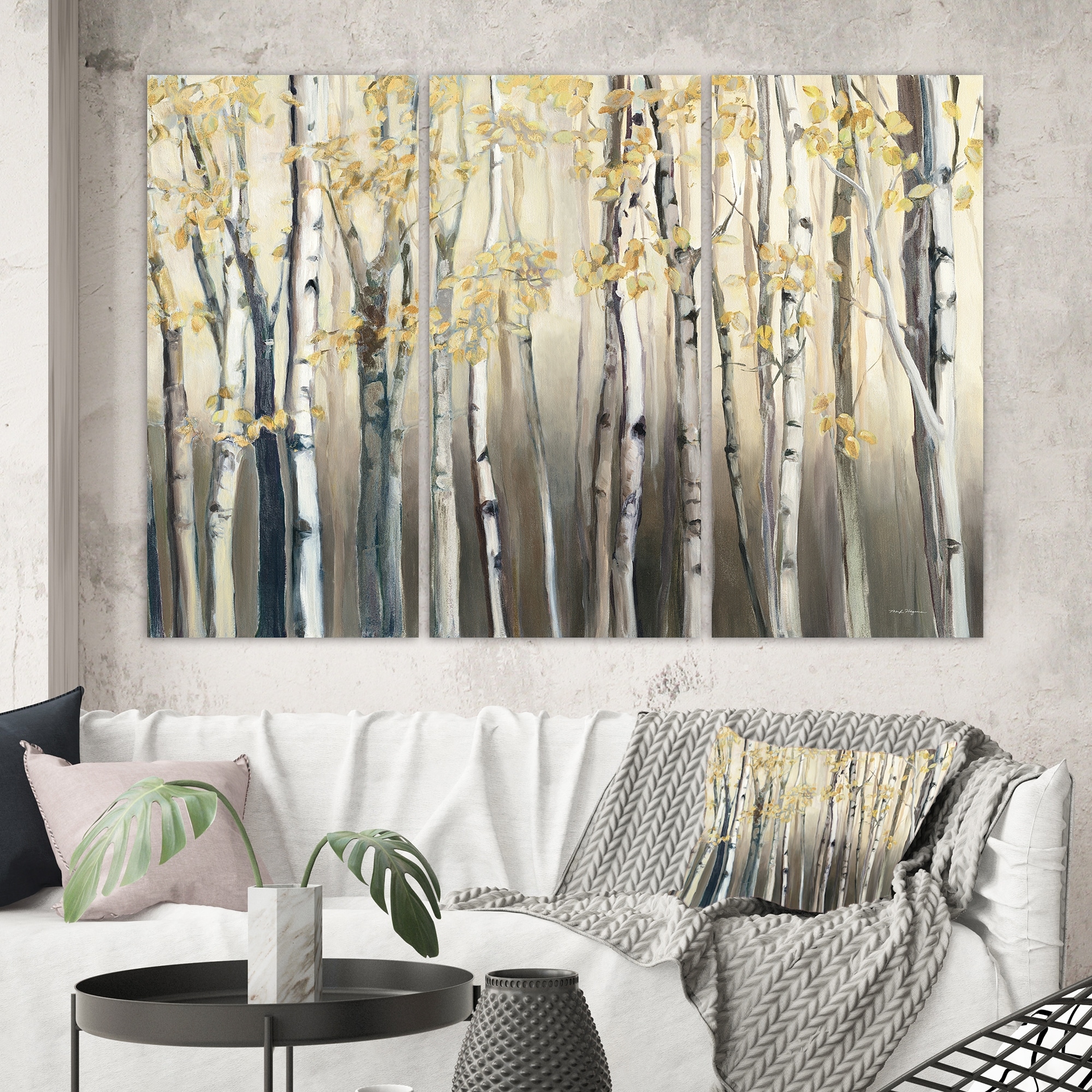 Birch Tree Autumn view Fashion Canvas Poster Abstract Art Painting For Living Room Home Decor luxury Art 3 sets of golden Aspen shadows