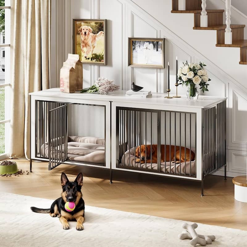 79" Heavy Duty Double Dog Crate Furniture for Medium/ Large Dogs - White