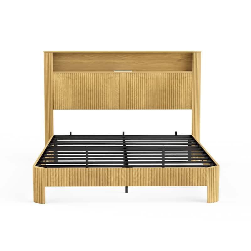 Queen Size Bed Frame With Storage Headboard, Built-In Charging Station, Wavy Curved Lines Design, Silent Operation