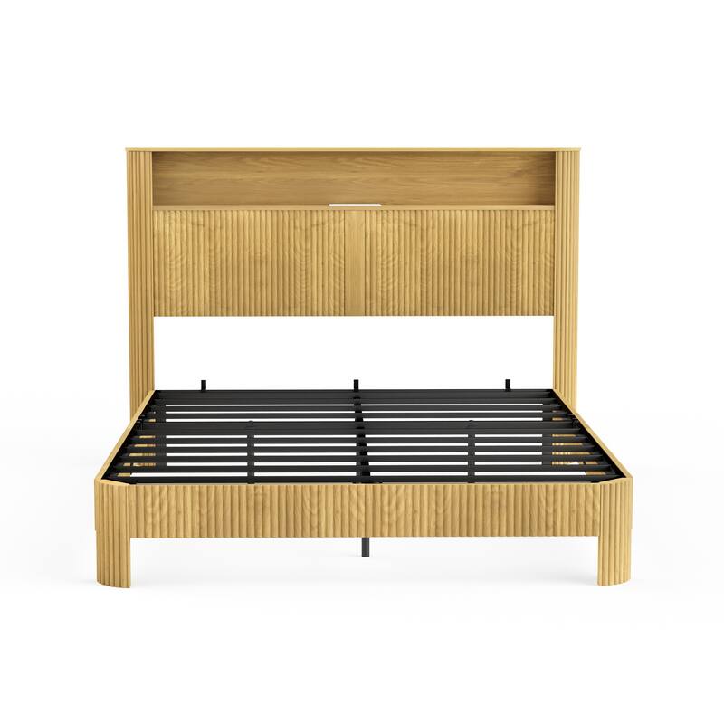 Wooden Bed Frame with Metal Slat, Noise Free, Modern Low Profile Platform Bed with Storage Headboard and Charging Station