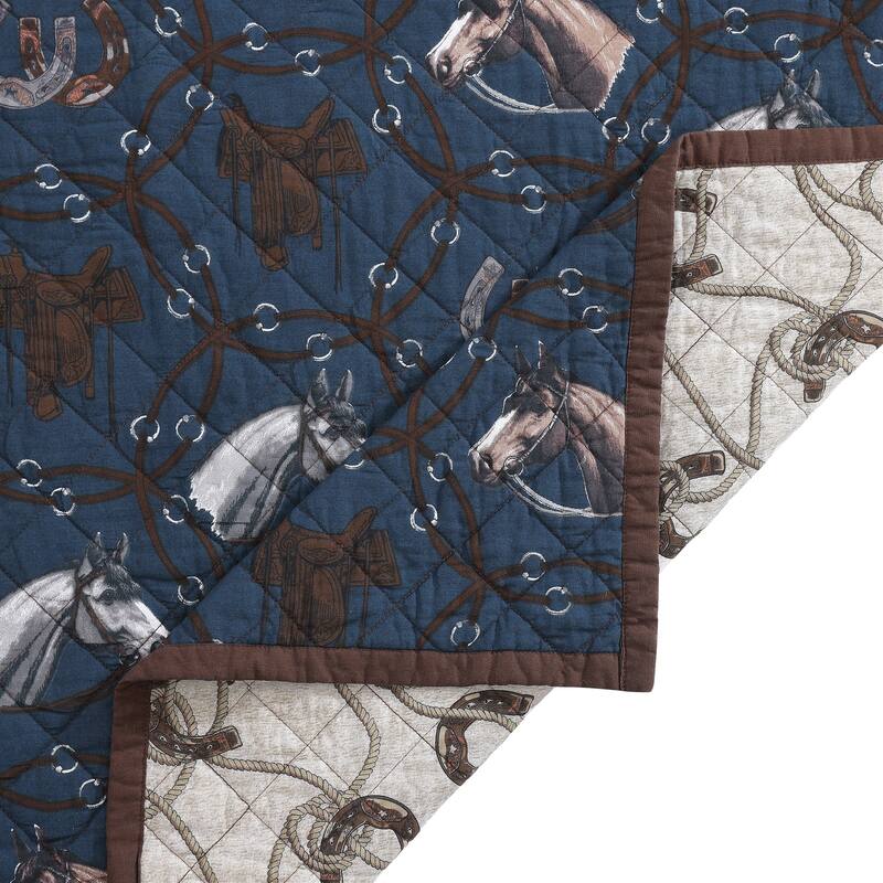 Tasha Polizzi Saratoga Western Rustic Navy Blue Horse Horseshoe Pattern 3 Piece Reversible Quilt with Pillow Shams