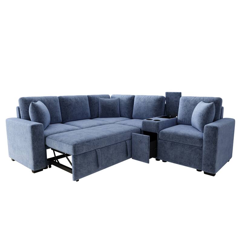 L-Shaped Modular Sectional Sofa with Pull-Out Bed, Chenille Convertible Sleeper Sofa Bed with Cup Holders & Multiple Storage