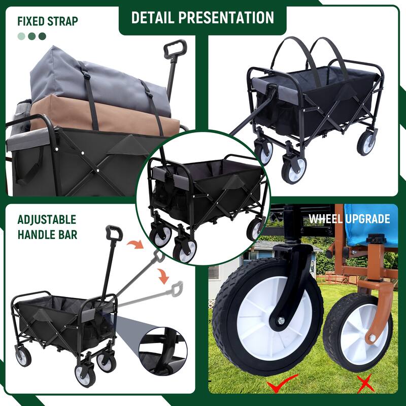 Minimeetall Strap Collapsible Foldable Wagon Cart with strapping system, Beach Wagon Utility Wagon Grocery Cart Supports 225lbs