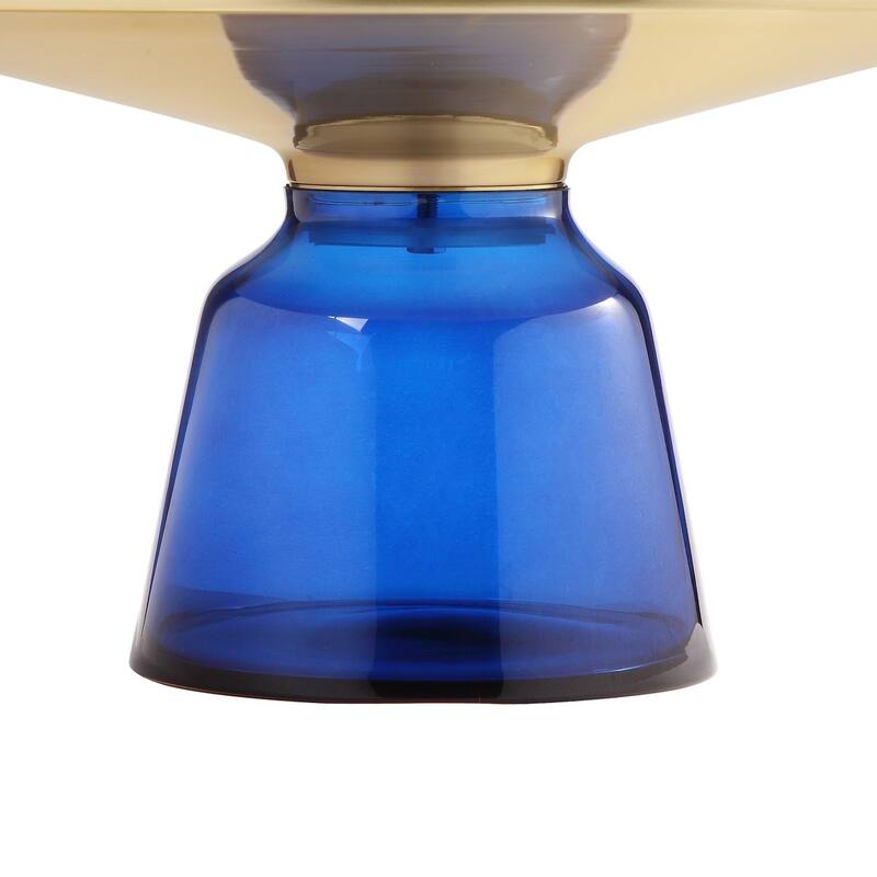 Len 30 Inch Coffee Table, Blue Blown Glass Bell Base, Funnel Top Gold Steel