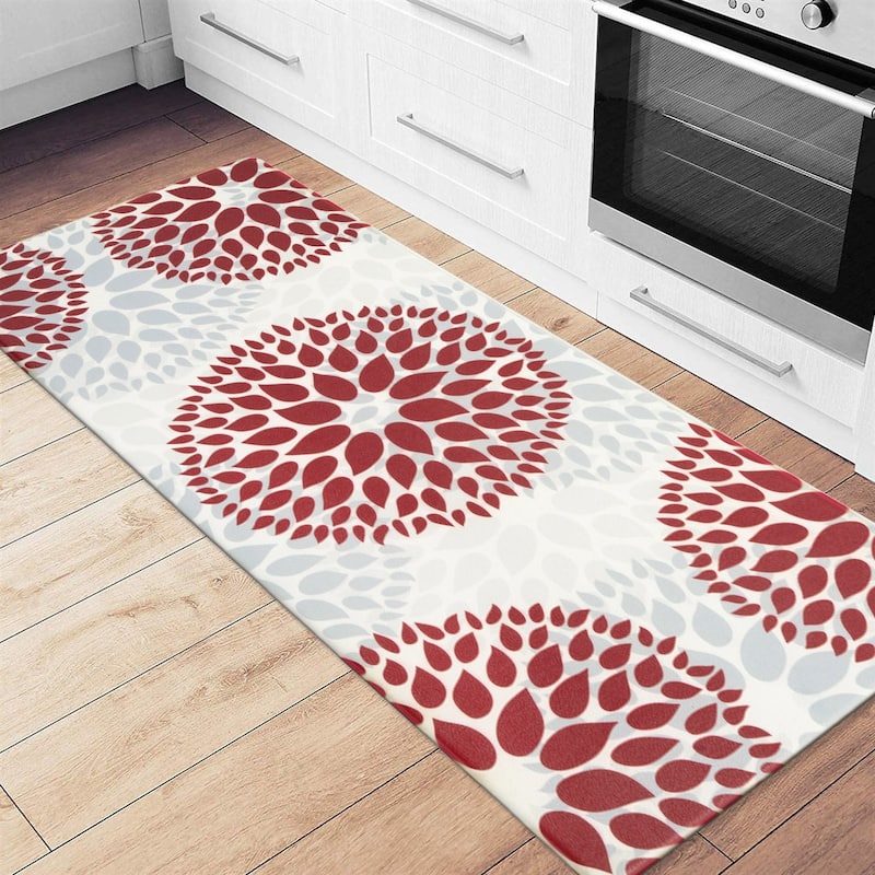 World Rug Gallery Modern Floral Circles Anti Fatigue Standing Mat - 18" x 47" - Red