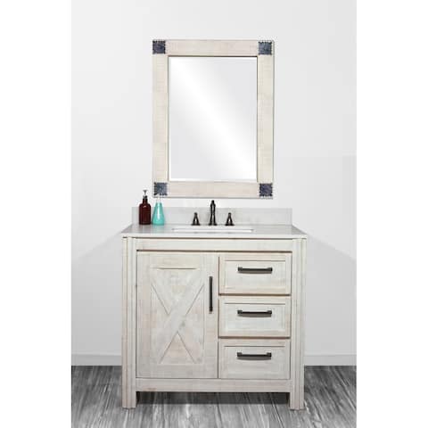 37"Special Edition Solid Fir Wood Single Bathroom Vanity in Sawed Pattern Design and Handpainted White Color with Marble Top