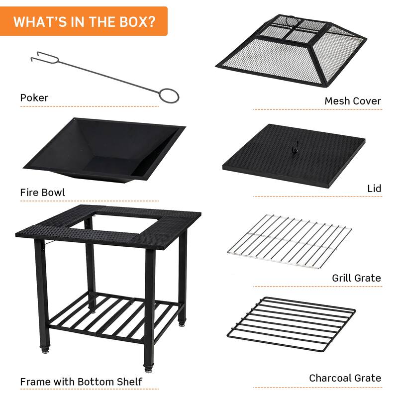 31'' Outdoor Fire Pit Dining Table Wood Burning W/ Cooking BBQ Grate