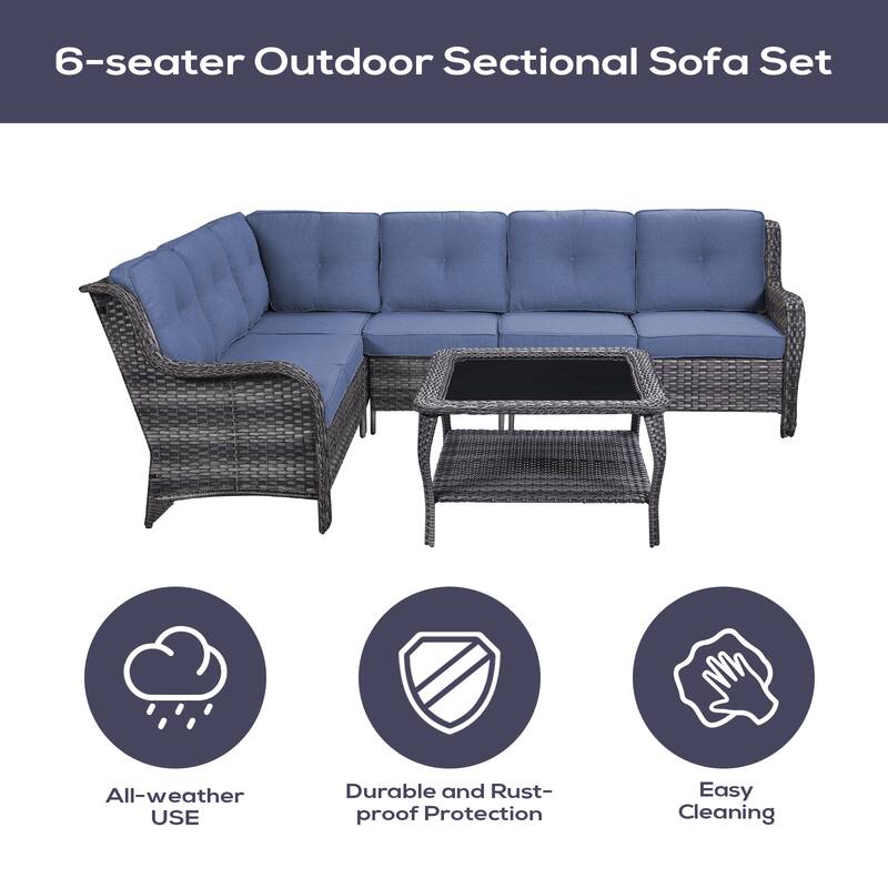 Gymojoy 6-seats L-Shaped Outdoor Corner Sectional Sofa Couch Conversation Set