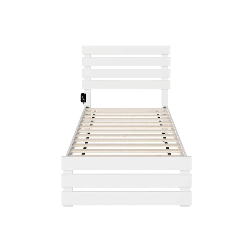 Twin Bed with Footboard & USB Charger - Solid Wood Frame, Slat Kit Included - White