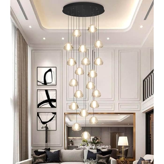 KAYLA 30-Lights Gold Modern Crystal Chandelier for Staircases, 157" Extra-Long Adjustable LED Ceiling Light