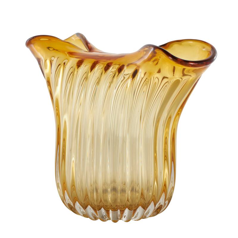 Orange Glass Ribbed Ombre Abstract Decorative Vase with Folded Curve Opening