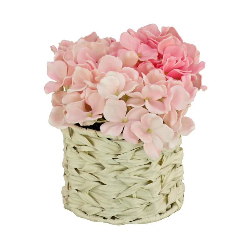 National Tree Company 10 in. Light Pink Hydrangea Bouquet in White Basket - 10 in