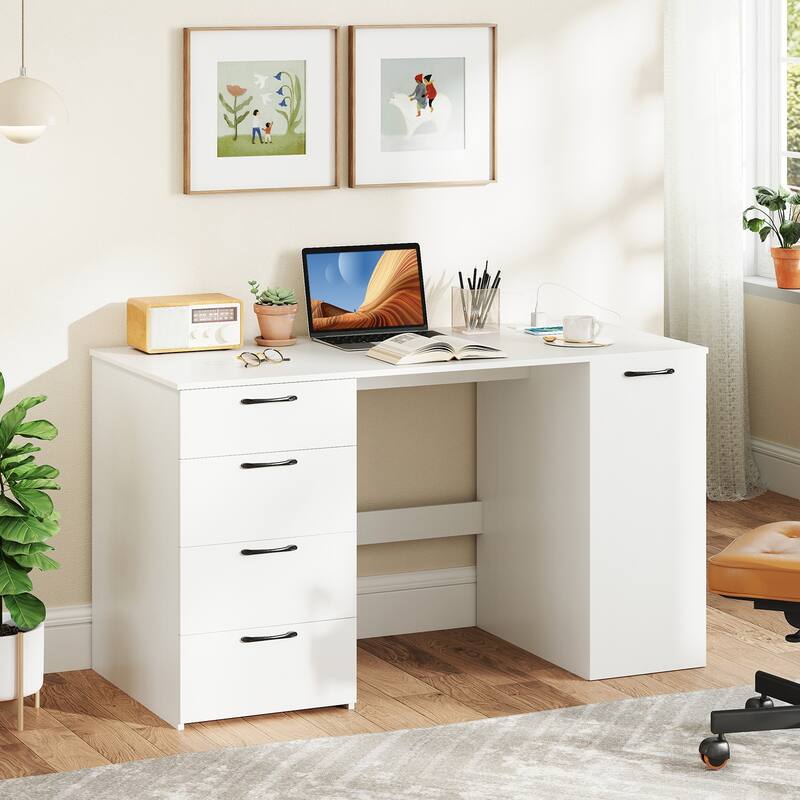 Home Office Desk 53 Inch with USB Ports Outlets and Storage Drawers - White-Black