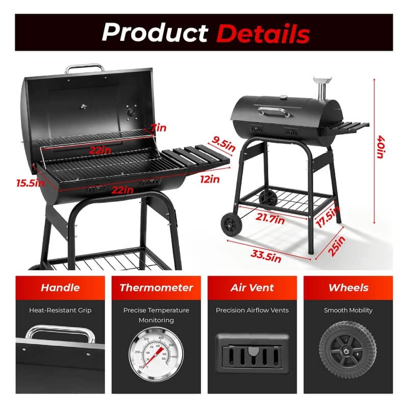 Charcoal BBQ Grill With Side Shelf And 2 Wheels For Patio Porch Picnic - N/A