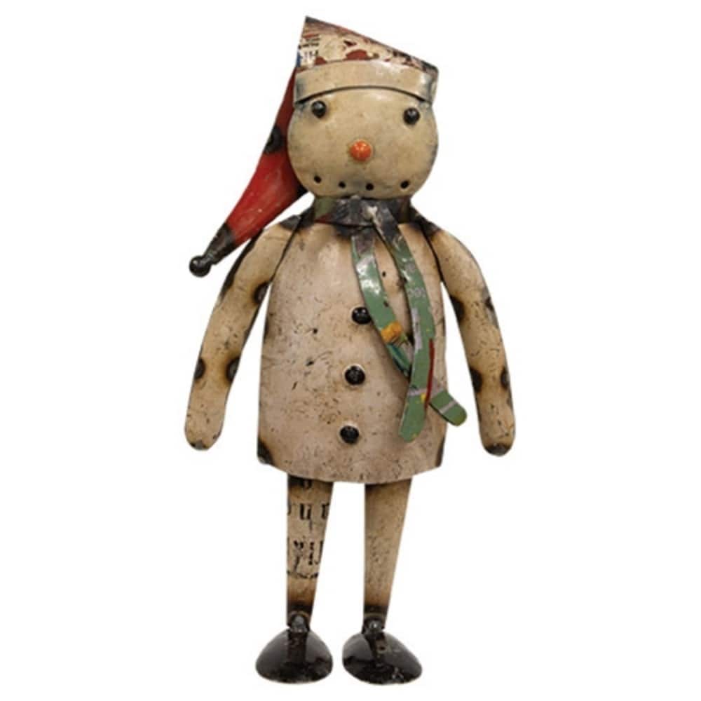 Rustic Free Standing Snowgirl Statue with Metal Patchwork, Seasonal Christmas Tabletop Decoration - 5.5”L x 2.5”W x 10”H