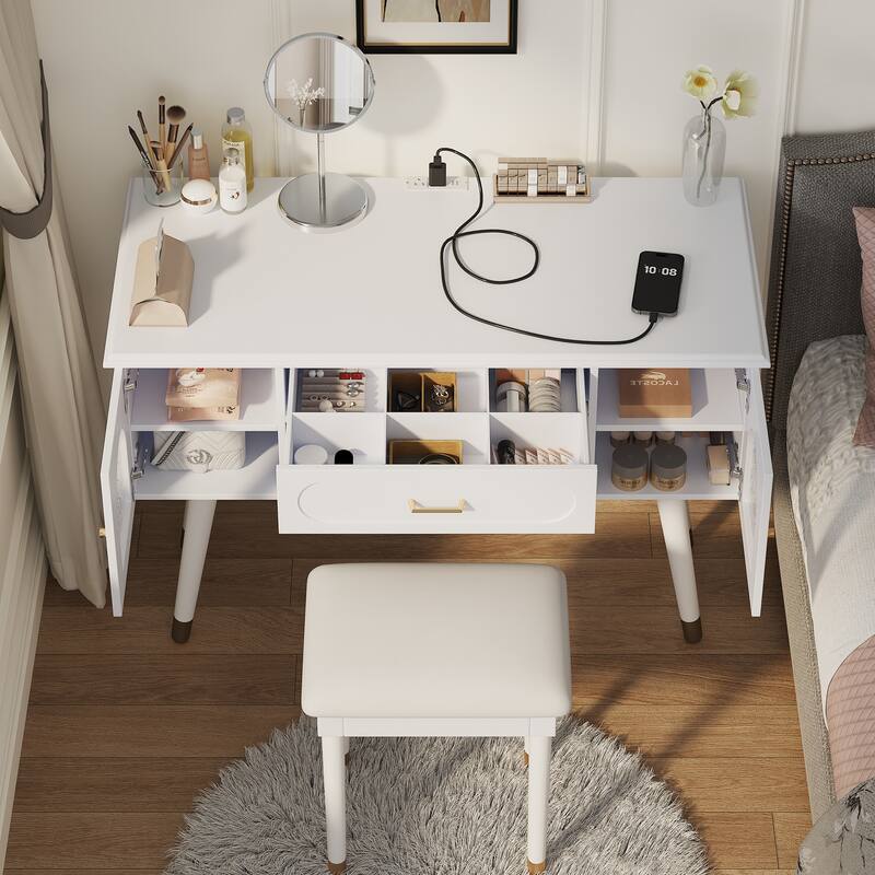 Modern Makeup Vanity & Chair Set, Dressing Table Writing Desk with Charging Port