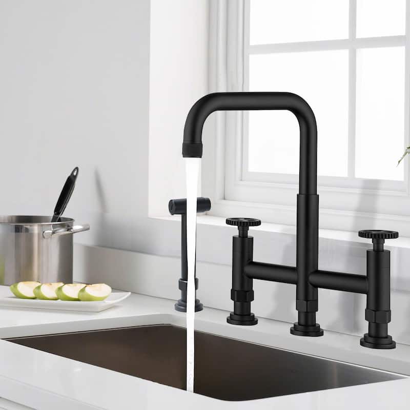 Antique 360 Swivel Bridge Kitchen Faucet with 28'' Slide Sprayer In Stainless Steel