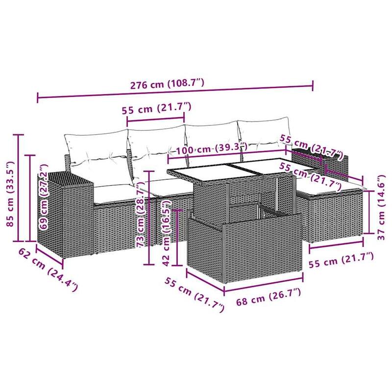 vidaXL Patio Sofa Set with Cushions Table and Couches 6 Piece Poly Rattan - 21.7 x 24.4 x 27.2