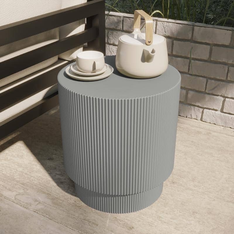 Eden Modern Wide Round Fiberstone Side Table with Accent Ribbed Design End Table for Living Rooms, Patios, and Gardens