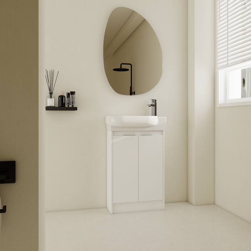 23" Bathroom Vanity with Round Ceramic Sink, Soft-Close Hinges, and Spacious Storage - Black Chestnut Finish - 22.8in L Plywood - 22.8in L Glossy White