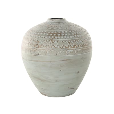 Ceramic Handmade Antique Style Wide Rounded Decorative Vase with Geometric Tribal Carvings - Green - Roche River Decor