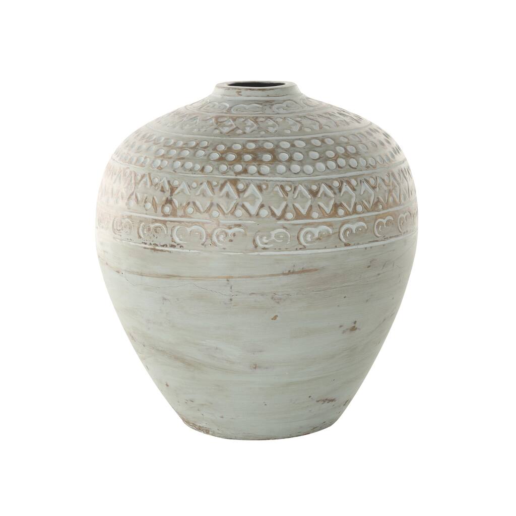 Ceramic Handmade Antique Style Wide Rounded Decorative Vase with Geometric Tribal Carvings - Green - Roche River Decor