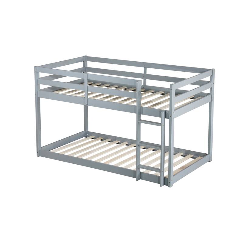Roomfitters Solid Rubber Wood Twin over Twin Floor Bunk Bed with Ladder, Reinforced Slat Platforms, Low Height Design