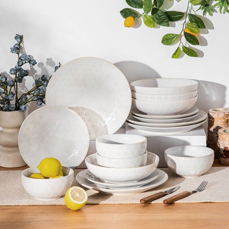 MALACASA LYDIA Embossed Stoneware 16-Piece Dinnerware Set - Five-leaf blossoms - White