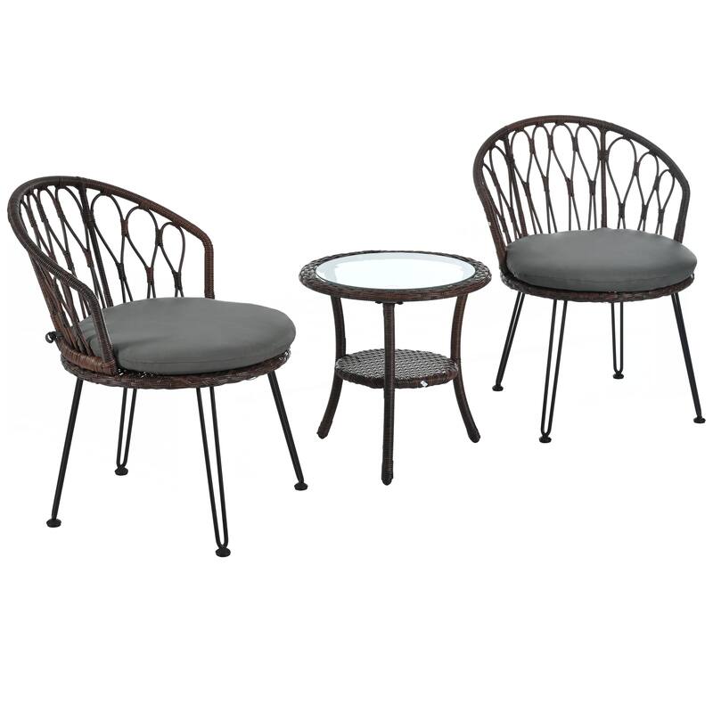 2 Rattan Single Chairs with A Glass Round Table - Grey and Brown Frame