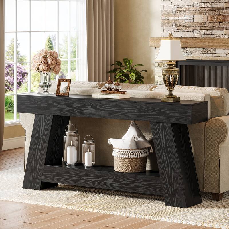 70.9-Inch Farmhouse Console Table, Wooden Sofa Table for Living Room - Black - Wood