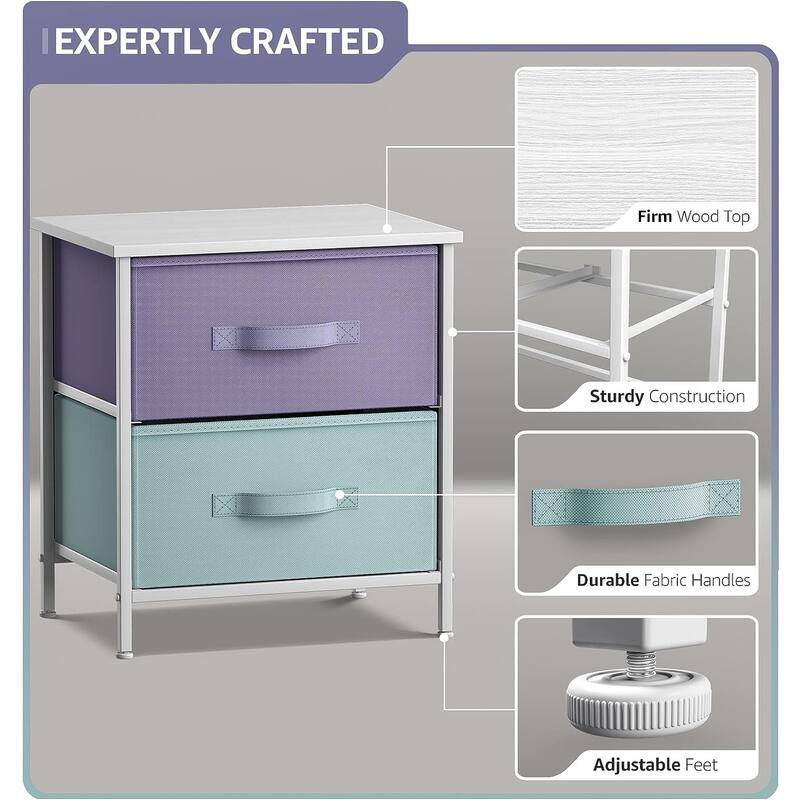 2 Drawer Bedside Nightstand End Table Bedroom Dresser, Pastel Colors