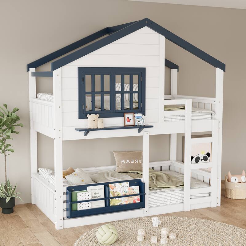 Full/Twin Bunk Bed with Bookshelf, House Design Loft Bed with Safety Fencing, High-Quality Kids Bed Frame