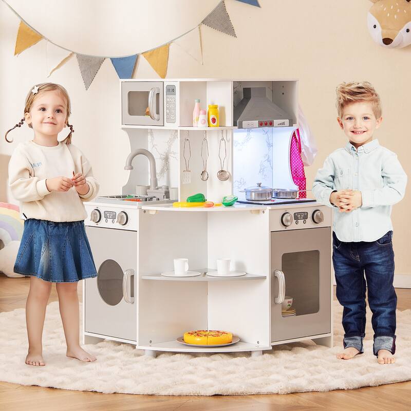 Gymax Corner Wooden Play Kitchen Kids Kitchen Playset w/ Microwave