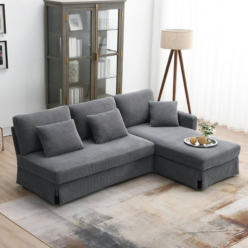 Oaks Aura Modern L-shaped Corduroy Sofa with Reversible Chaise, Upholstered Sectional Convertible Sleeper Couch with Pillows - Grey