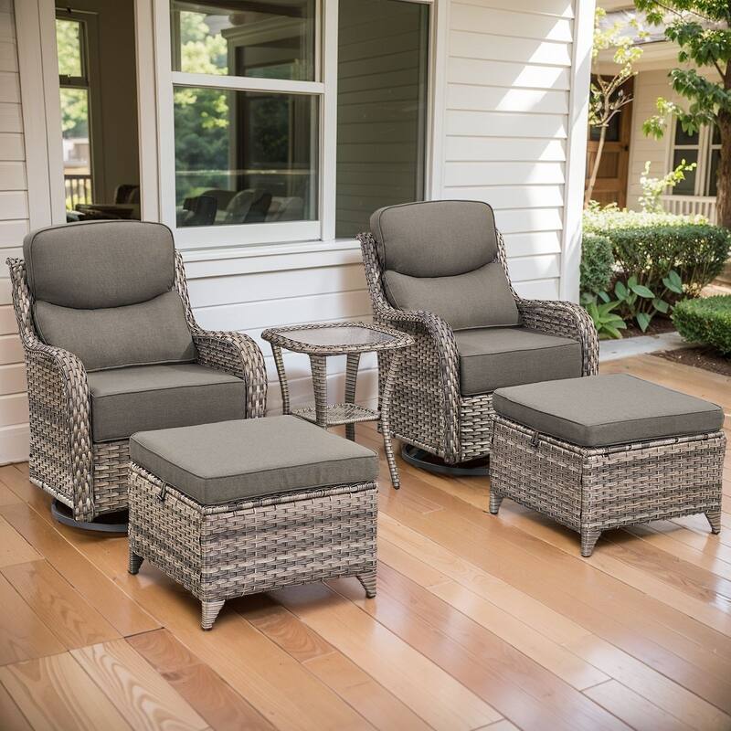 Arcadia 5-Piece Wicker Patio Swivel Glider Set with 6-Inch Thick Cushions - Gray Cushions - Gray Wicker