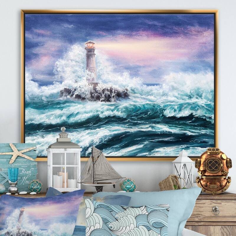 Designart "Lighthouse Wild Blue Ocean Waves" Nautical & Coastal Framed Canvas Wall Art Print - 20 in. wide x 12 in. high - Gold