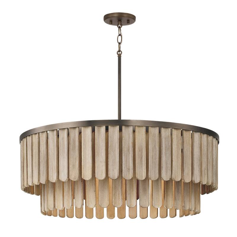 30" W x 11" H 6-Light Pendant in Dark Brass with Handcrafted Mango Wood in Nordic Grey Stain - 30"W x 11"H - 30"W x 11"H - Dark Brass