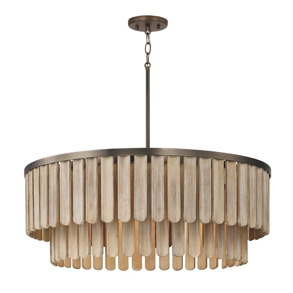30" W x 11" H 6-Light Pendant in Dark Brass with Handcrafted Mango Wood in Nordic Grey Stain - 30"W x 11"H
