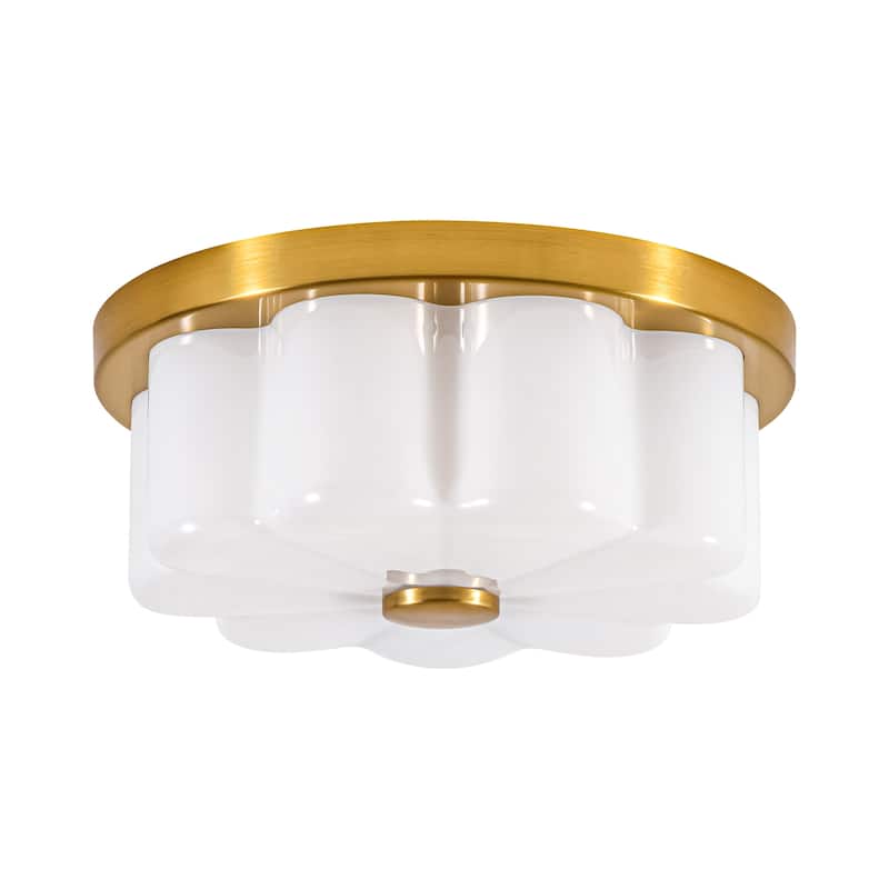 1-Light Brushed Gold Trim Flower-Shaped Frosted Glass LED Flush Mount with 5-Step Dimming for Bedroom & Hallway