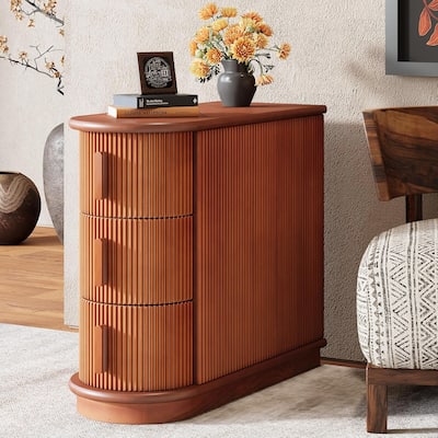 10.8"Walnut Solid Wood 3-Drawer End Table -Narrow Nightstand, Semi-Oval Chair Side Table, Slim Wooden Sofa Side Table