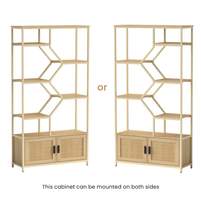 Rattan Bookshelf Storage Rack with Cabinet and 7 Open Display Shelves