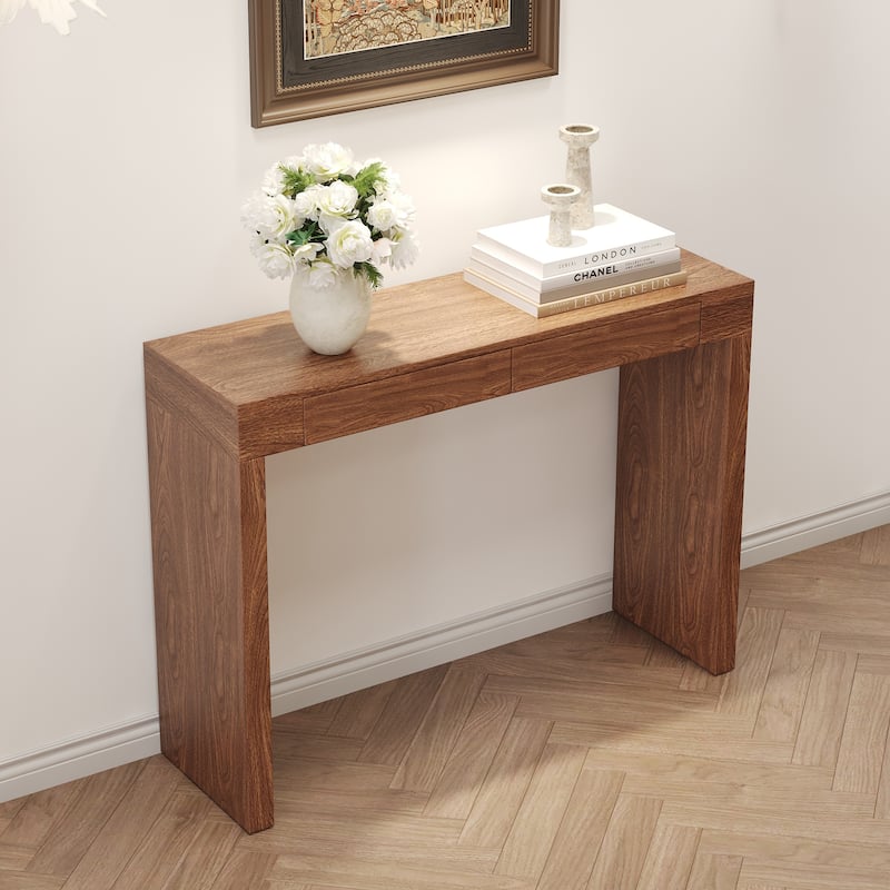 50-Inch Wood Grain Bar Table – Dual Drawers, Multi-Functional as Desk or Bar Counter.