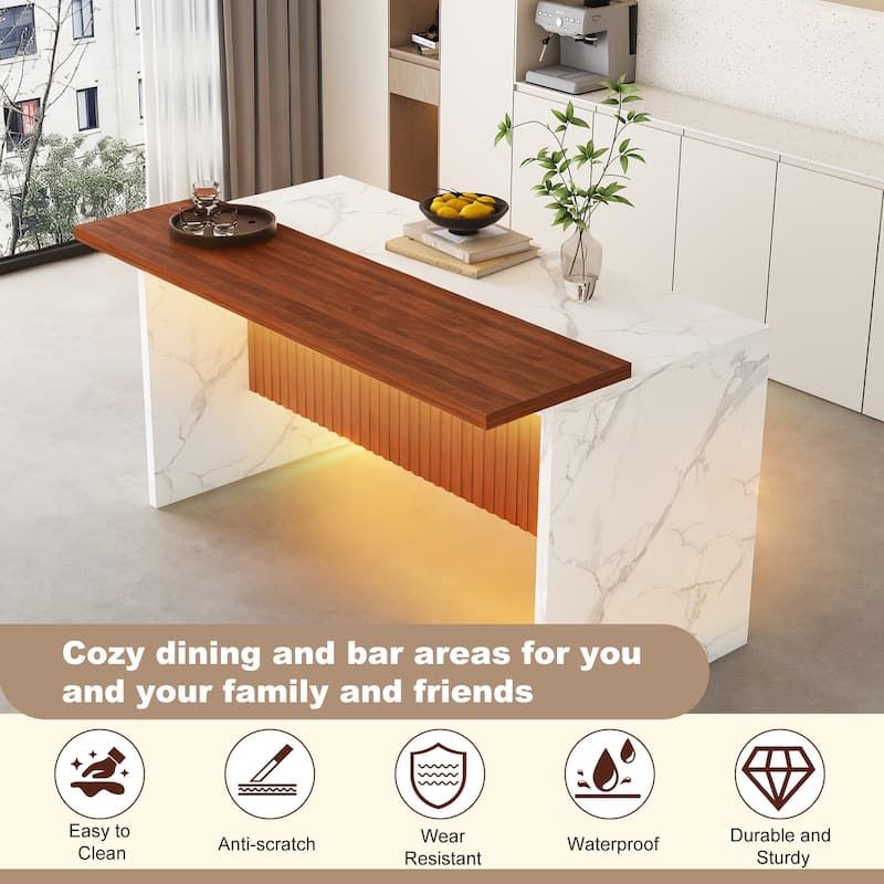 63" Modern Kitchen Island with Marble-Look Countertop, LED Lights, and Grille Design for Dining Room