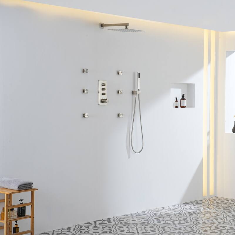 3 Functions 12 Inch Wall Mount Thermostatic Shower System in Brushed Nickel