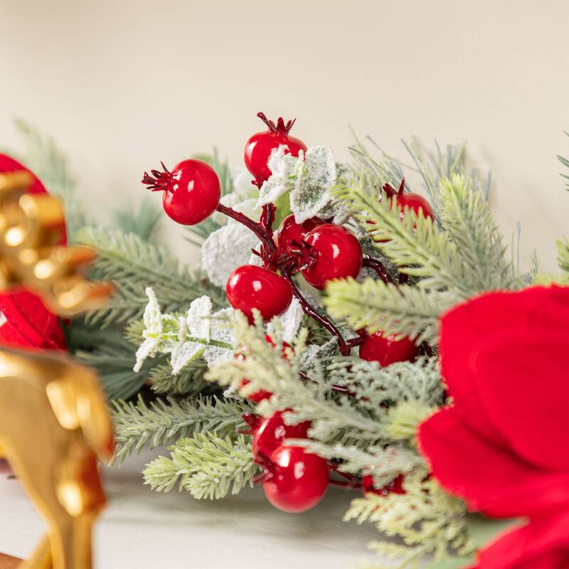 Glitzhome Christmas Red Mangnolia & Berry Wreath Garland Teardrop Hanging Decor