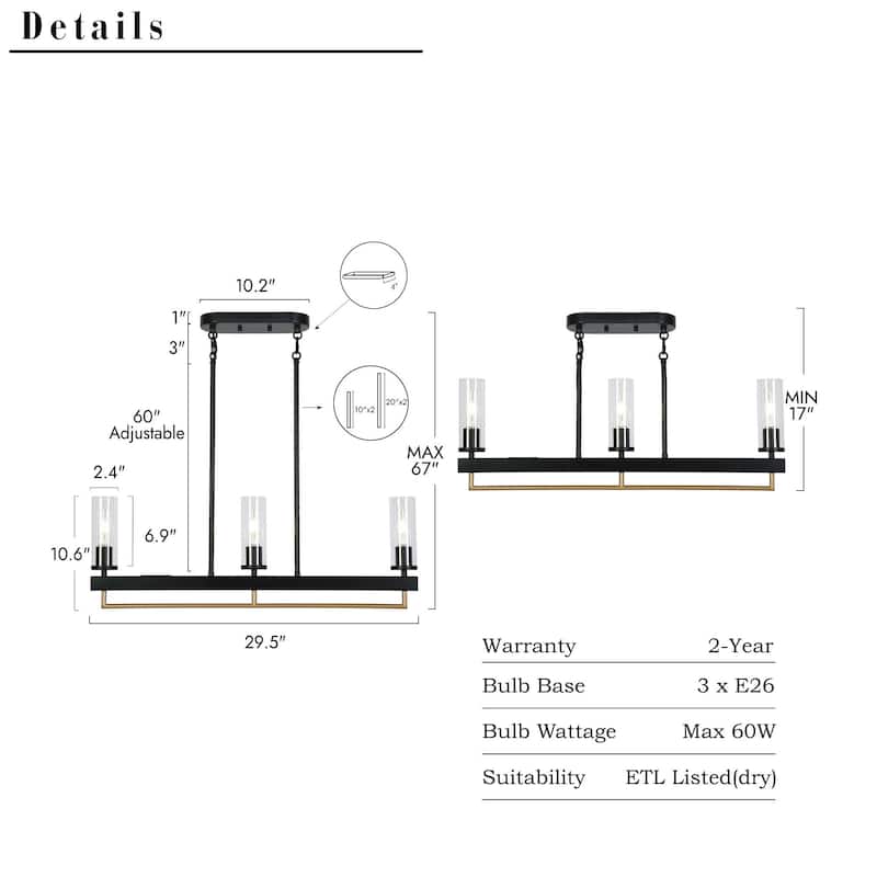 Modern Industrial 3/5-Light Chandelier Black Gold Kitchen Island Light Fixture with Clear Glass for Dining Room