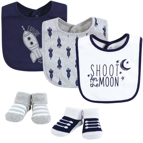 slide 1 of 1, Yoga Sprout Baby Boy Cotton Bibs and Socks, Moon, One Size - Moon - One Size