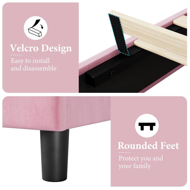 Pink Full Bed Frame with Upholstered Headboard, Heavy-Duty Platform Bed Frame with Strong Wood Slats, No Box Spring